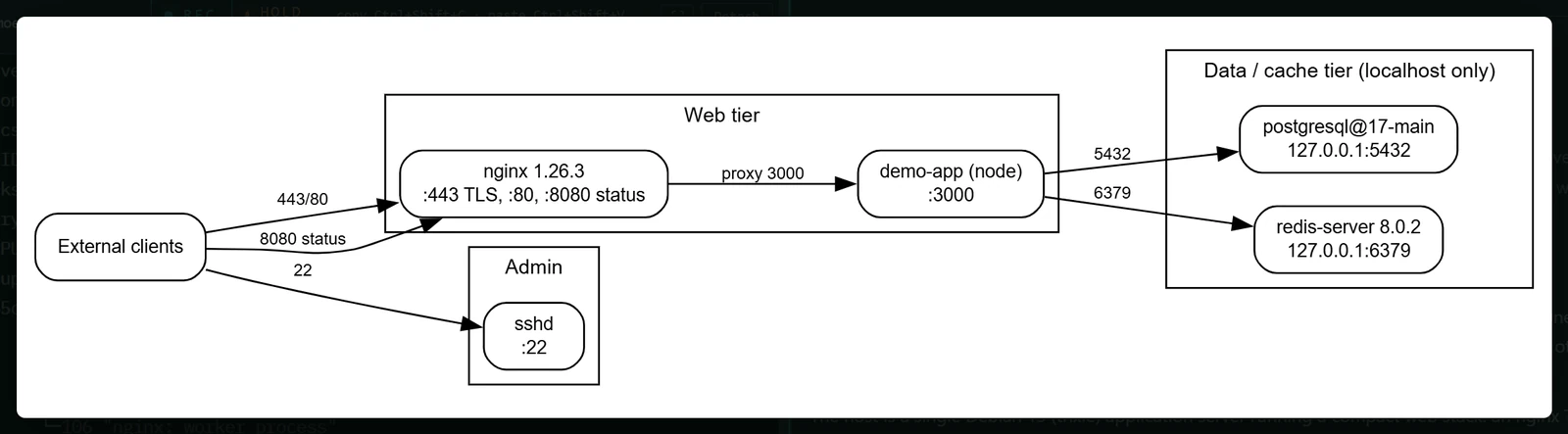 Auto-generated Pseudopod topology map of a Linux server environment, grouping nginx, the application, PostgreSQL and Redis by role and port