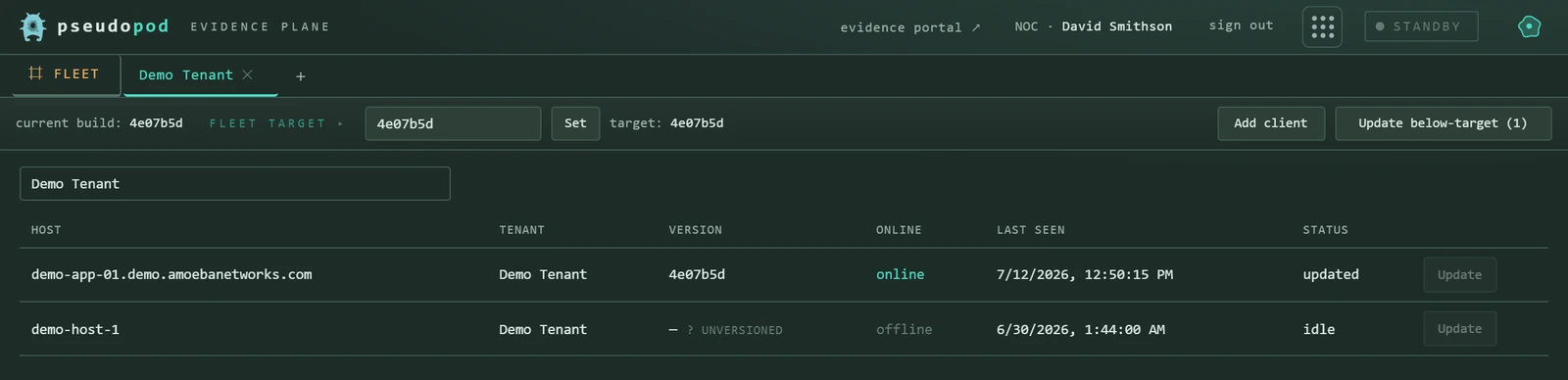Pseudopod fleet view listing managed Linux hosts with agent version, online status and last-seen time across the fleet