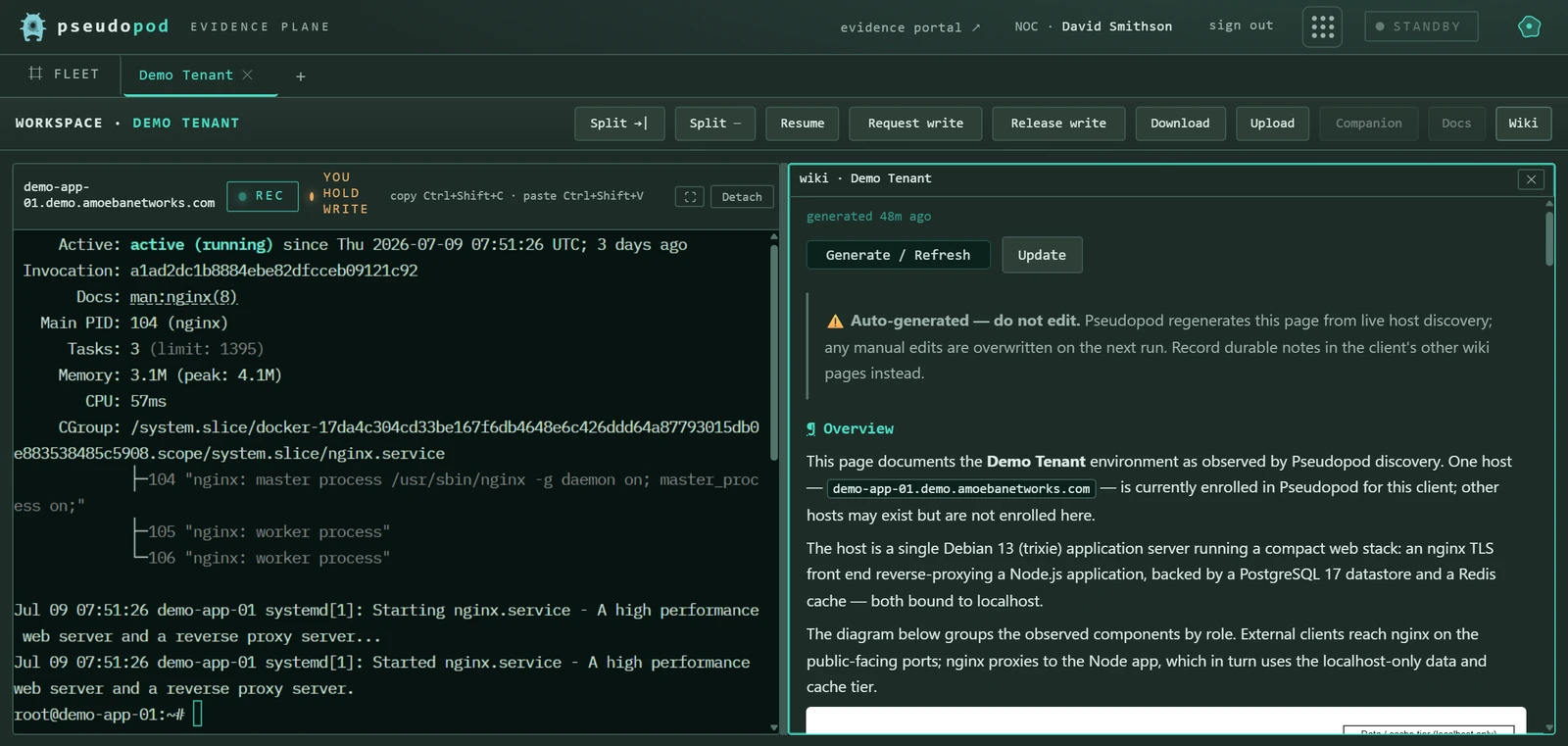 Pseudopod portal showing a live Linux engineer session beside auto-generated environment documentation for the same host