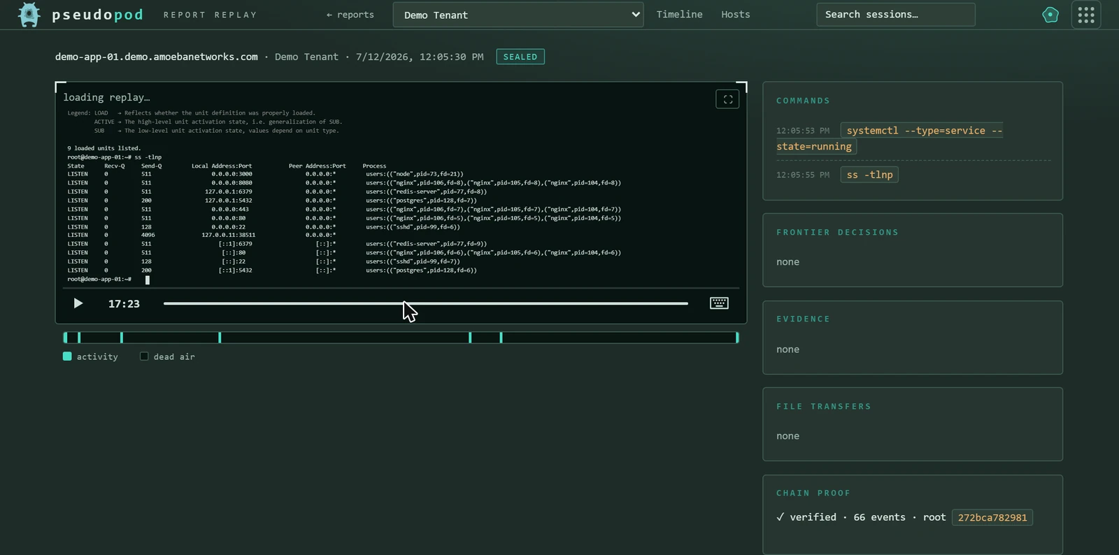 Pseudopod replaying a recorded Linux support session like a video, with a scrub timeline and a verified tamper-evident chain-proof panel